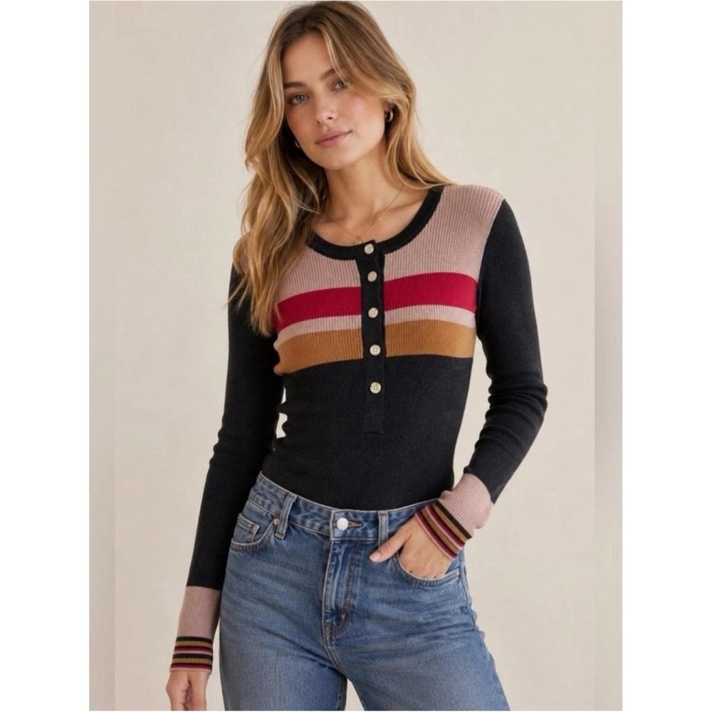 Faherty Mikki Henley Sweater Gray Pink Women Size M Cotton Cashmere Stripe